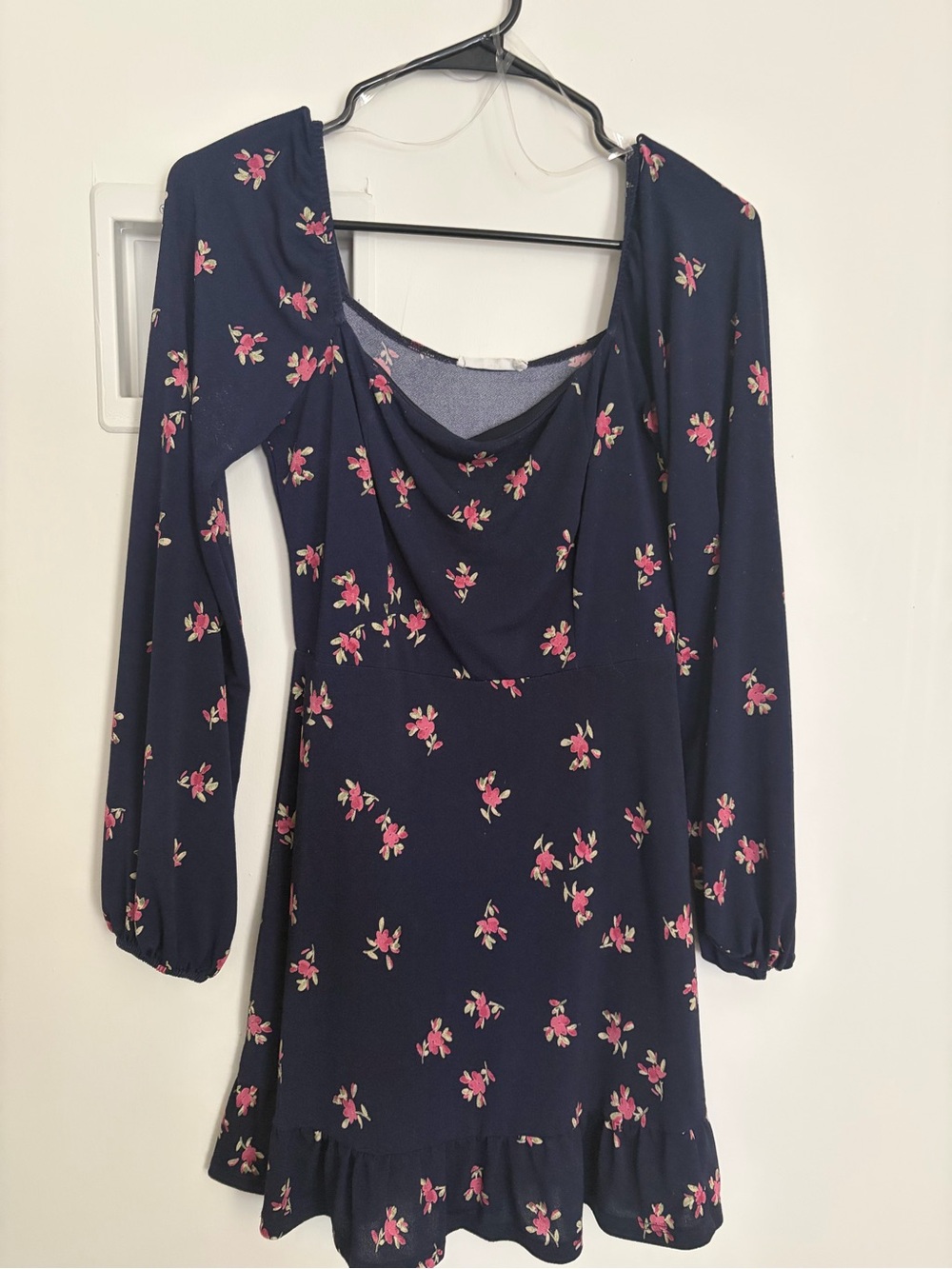Lush Navy Long-Sleeve Floral Mini Dress with Pink Blooms